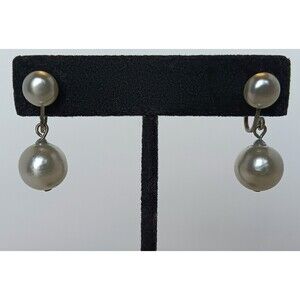Vintage Faux Pearl Silver Tone Dangle Screwback Earrings Japan